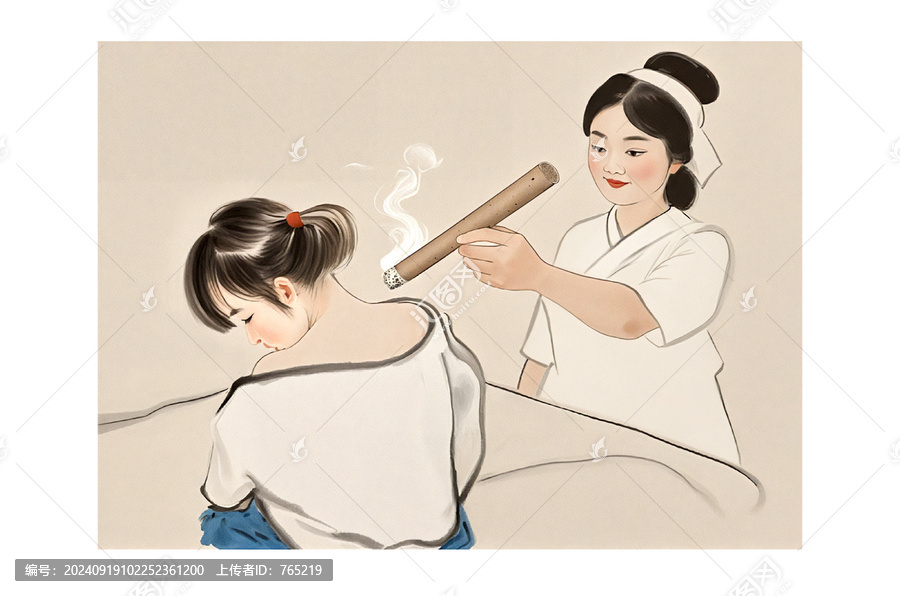 原創(chuàng)中醫(yī)艾灸手繪水墨畫