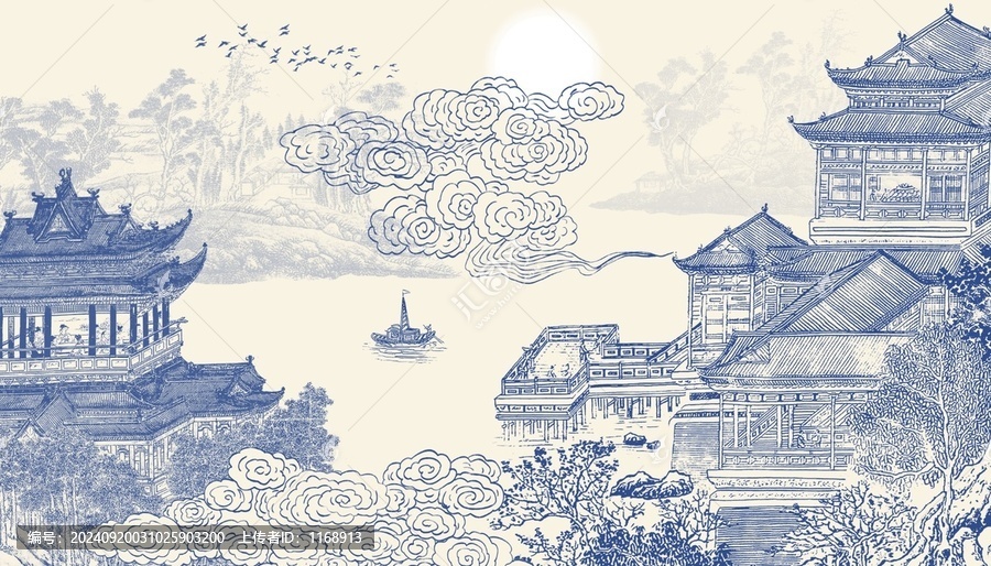 中式青花樓閣背景壁畫
