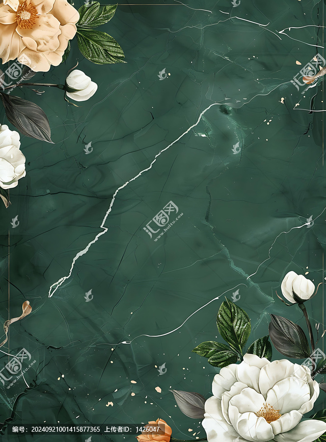 綠色大理石背景與白色和桃紅色花卉