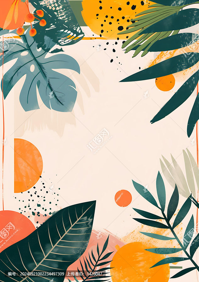 抽象熱帶葉子背景，橙色和粉色
