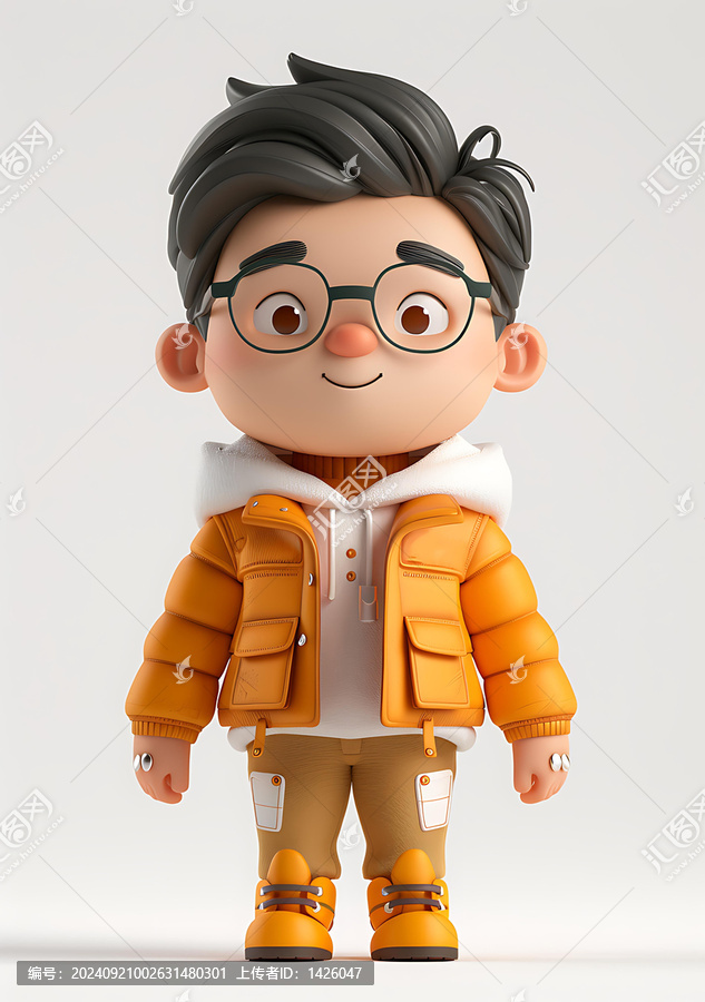3D卡通男孩，穿橙色夾克，戴眼鏡