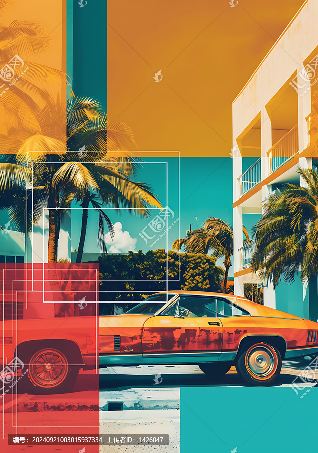 復(fù)古汽車棕櫚樹建筑夏日拼貼