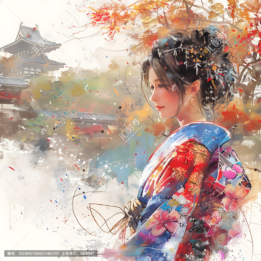 身穿和服的美麗女子站在花園里，背景是傳統(tǒng)的日式房屋