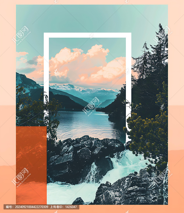 山河與白色邊框的自然風景