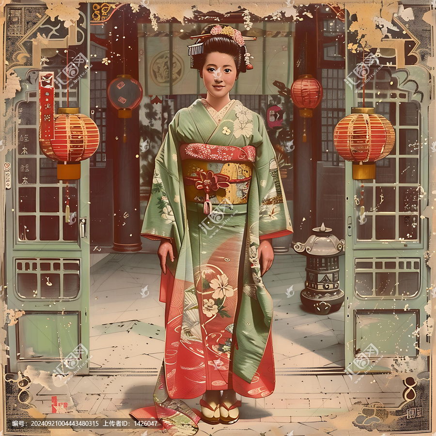 身穿和服的日本女子站在傳統(tǒng)的日式住宅中。