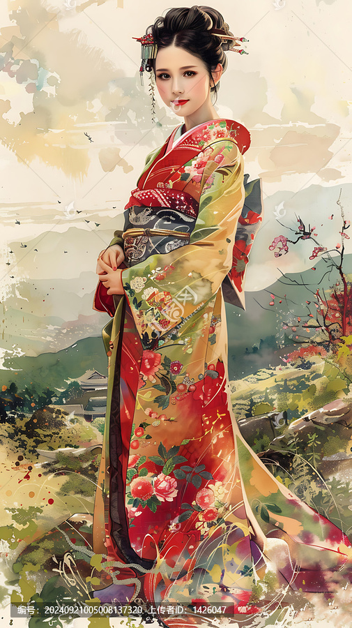 身穿和服的亞洲女子站在花叢中。