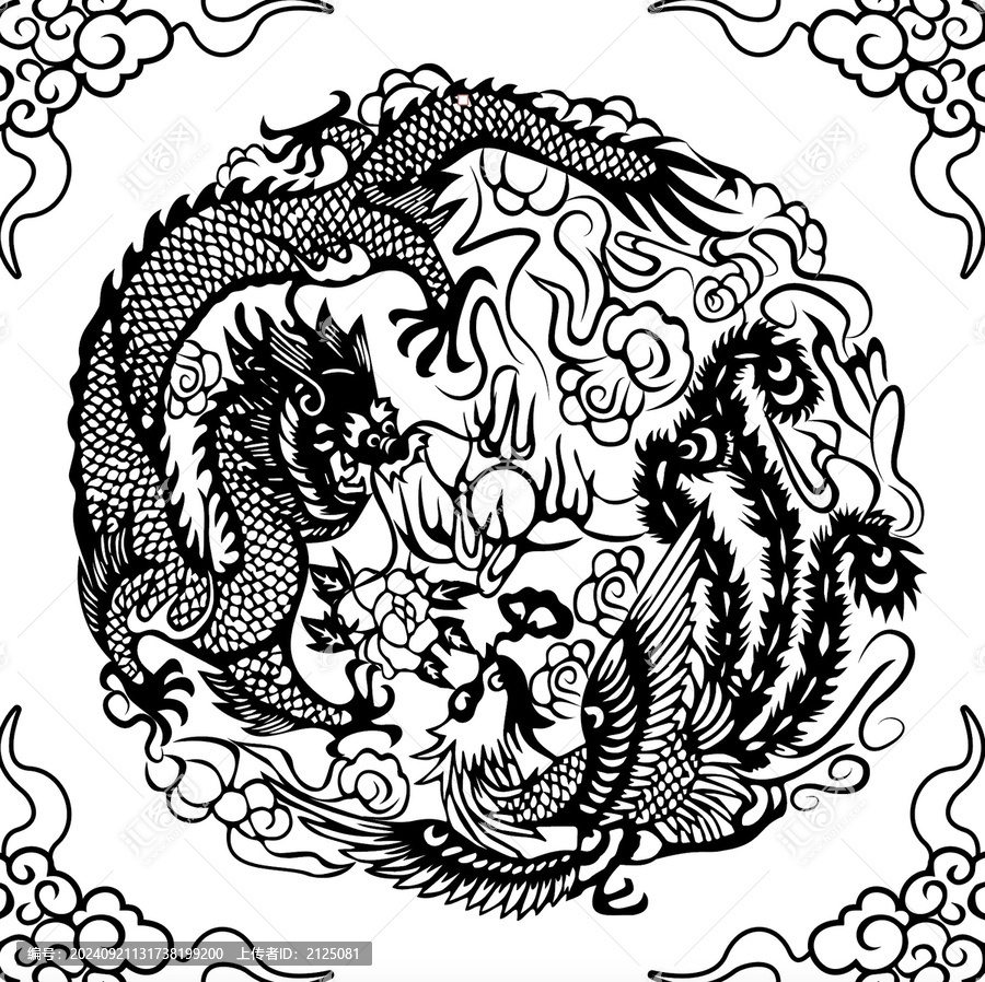 龍鳳圖案國潮紋樣黑白線稿描線