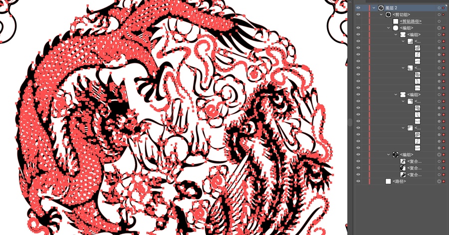 龍鳳圖案國潮紋樣黑白線稿描線