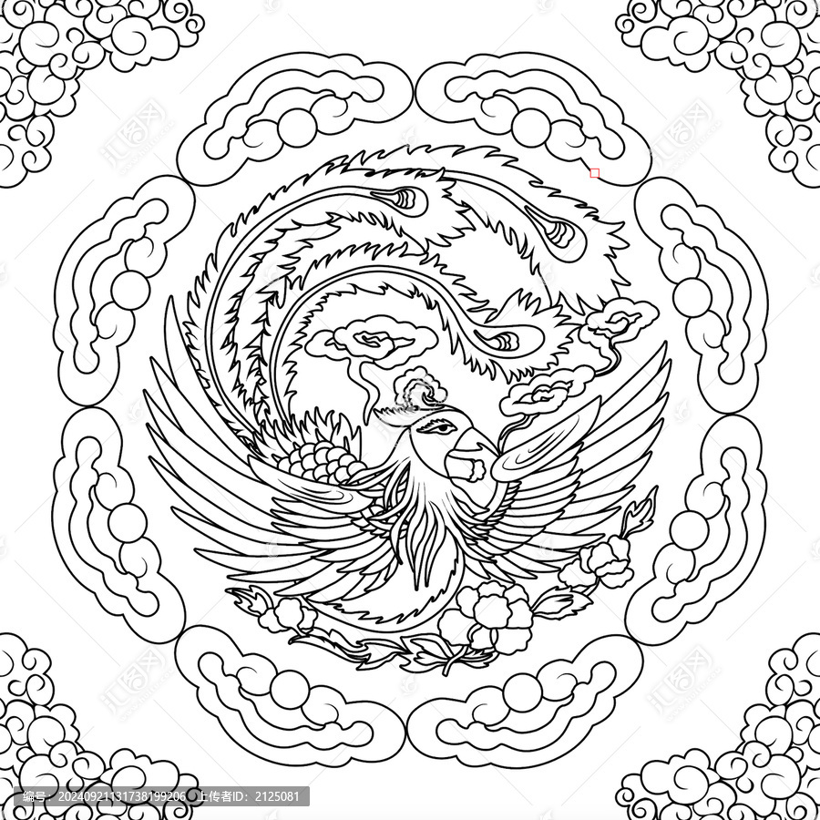 黑白鳳凰紋樣線稿國潮圖案描線