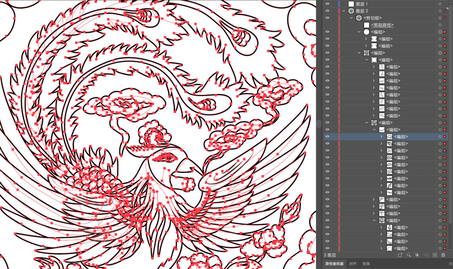 黑白鳳凰紋樣線稿國潮圖案描線