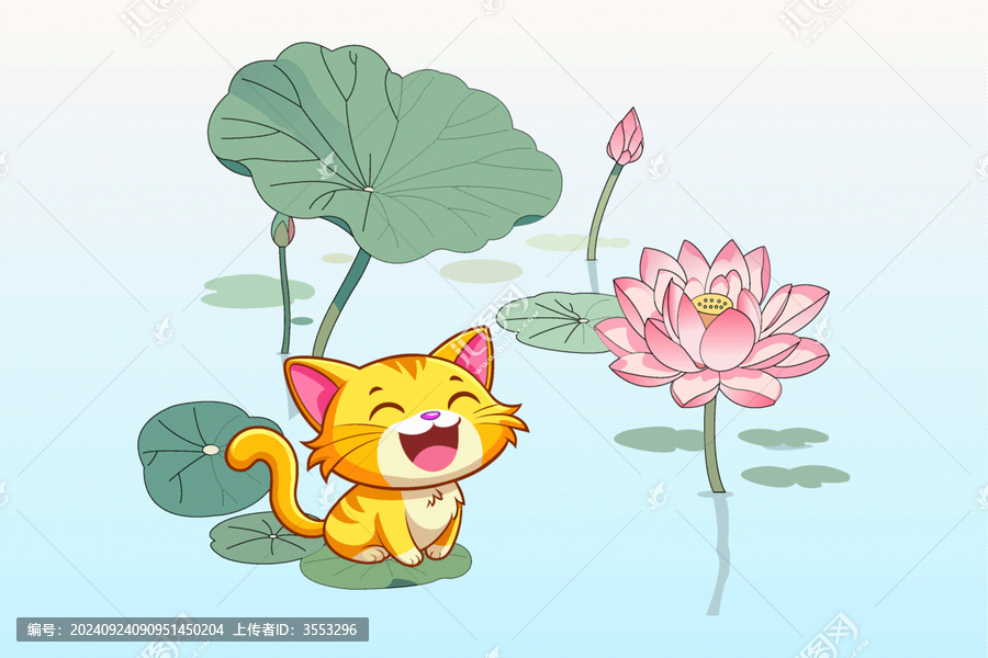 夏天春分池塘荷花小貓插畫