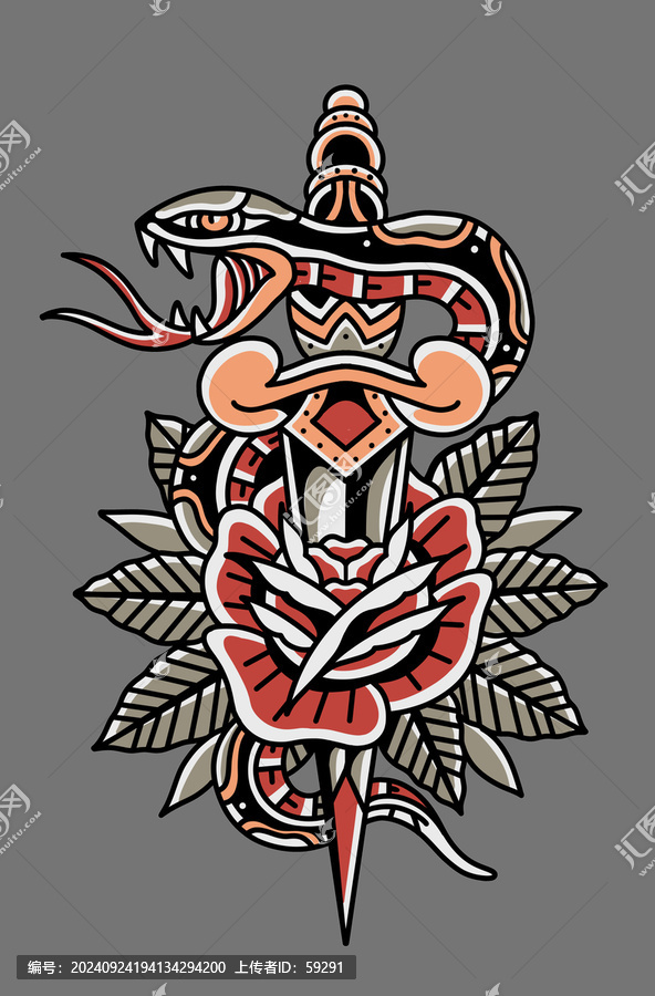 搖滾插畫玫瑰與蛇
