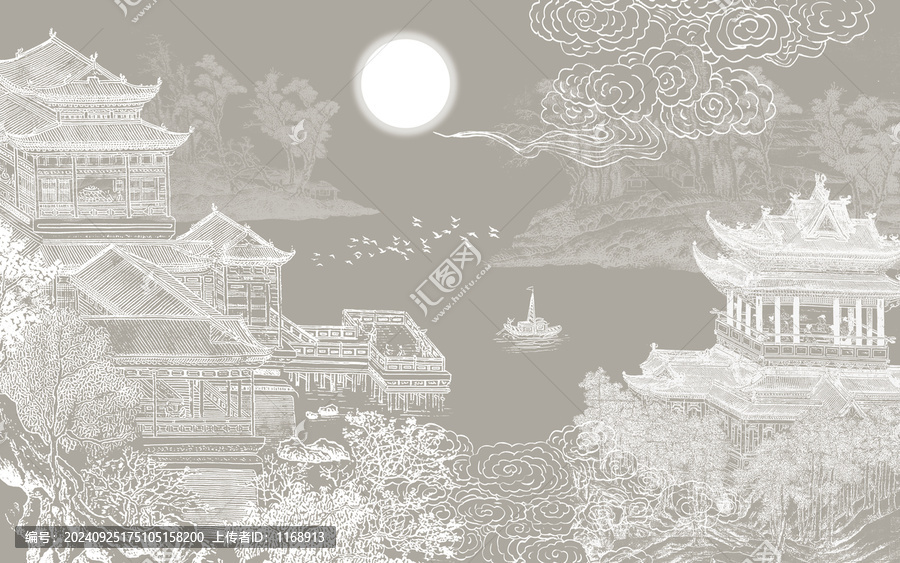 樓閣山水背景壁畫