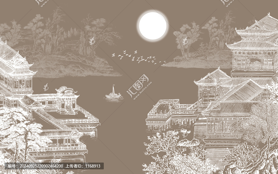 新中式山水閣樓背景墻