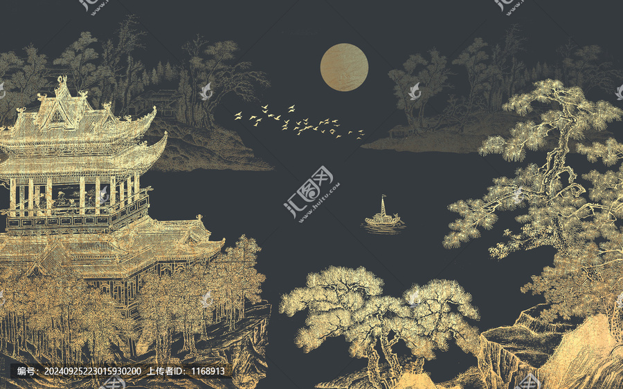 新中式山水樓閣背景墻