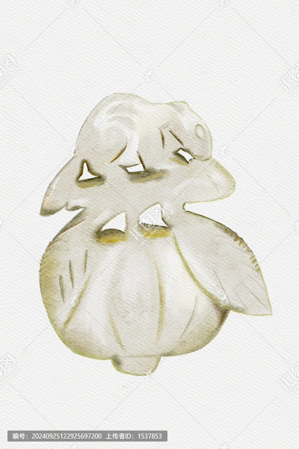 水彩文物十二生肖青玉瓜鼠