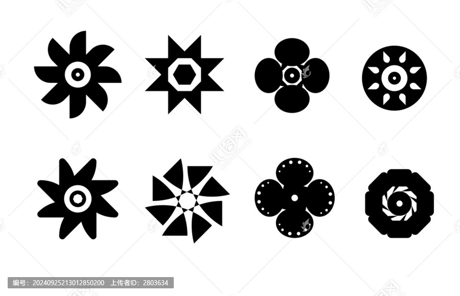 矢量花朵圖標(biāo)黑白剪影插圖鋸齒