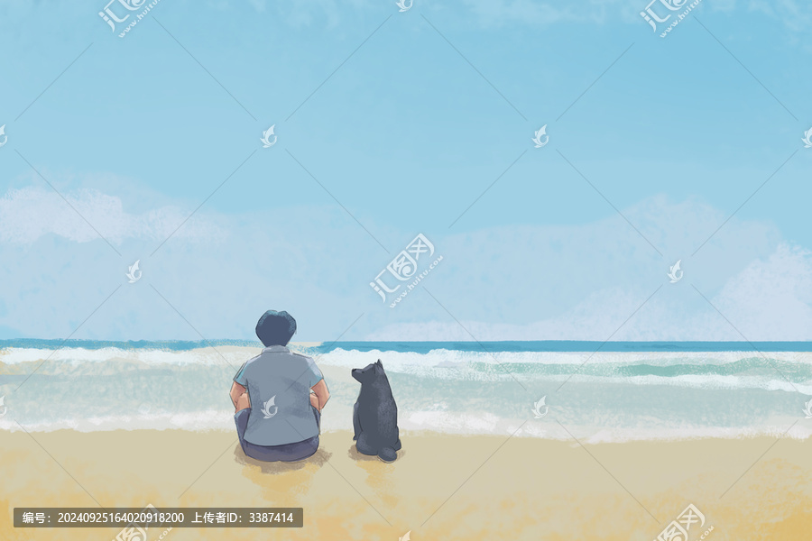 男孩和狗坐在海邊插畫