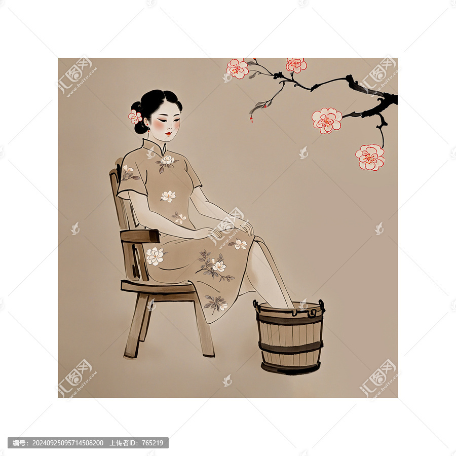 古典水墨風(fēng)足浴人物手繪插畫