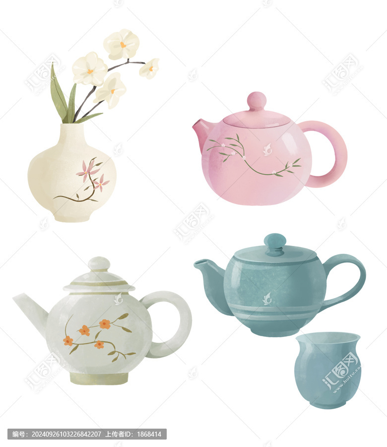 茶壺茶葉國潮國風水彩插畫
