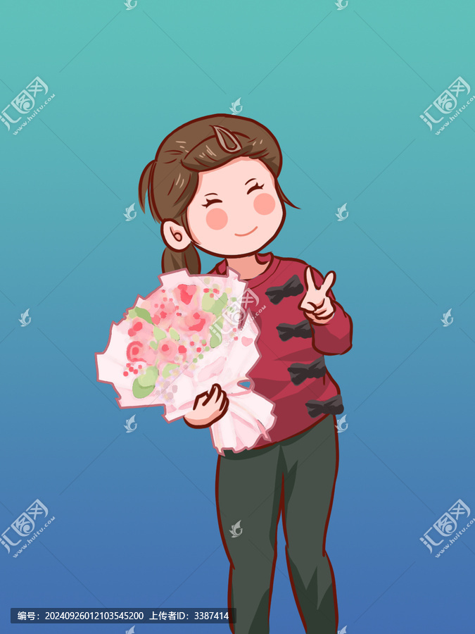 卡通可愛女孩抱花