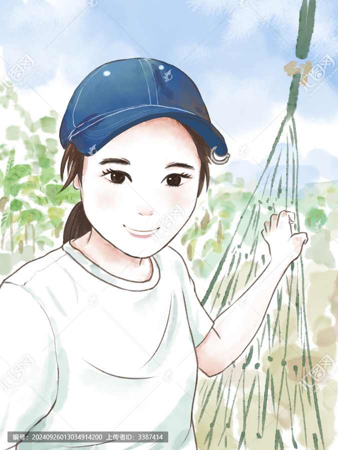 戴帽子可愛女孩手繪