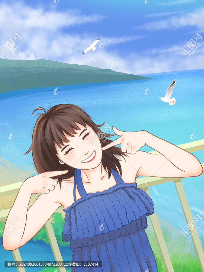 海邊女孩手繪