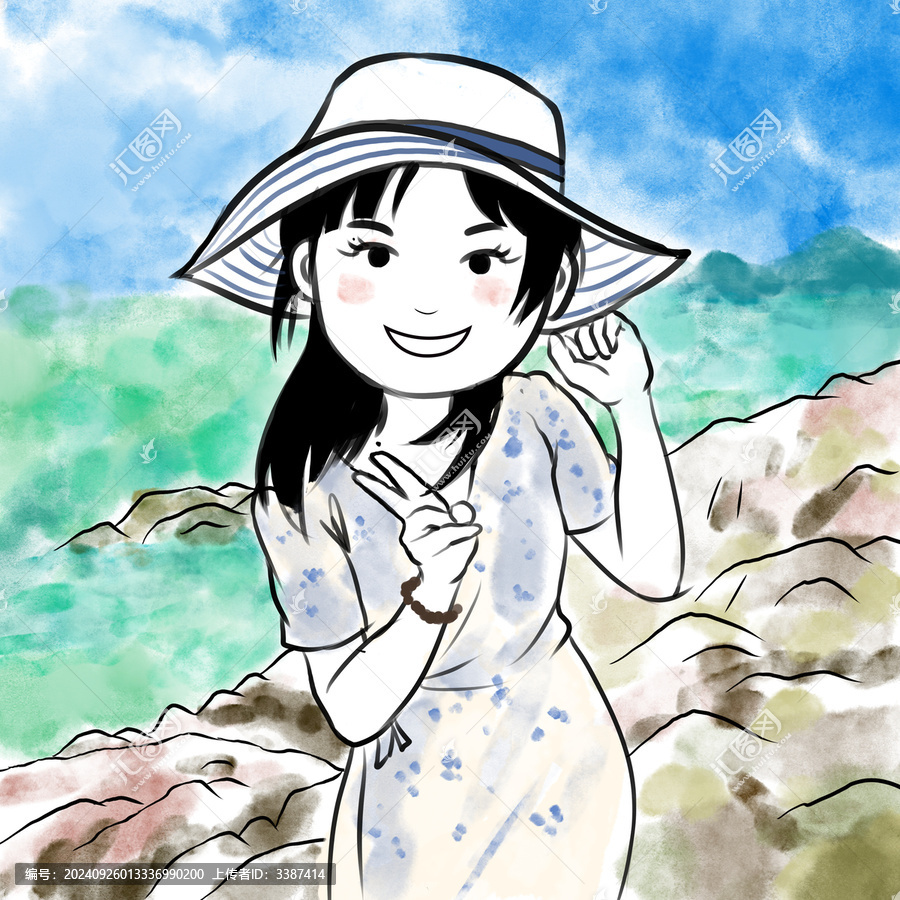 水墨可愛女孩手繪
