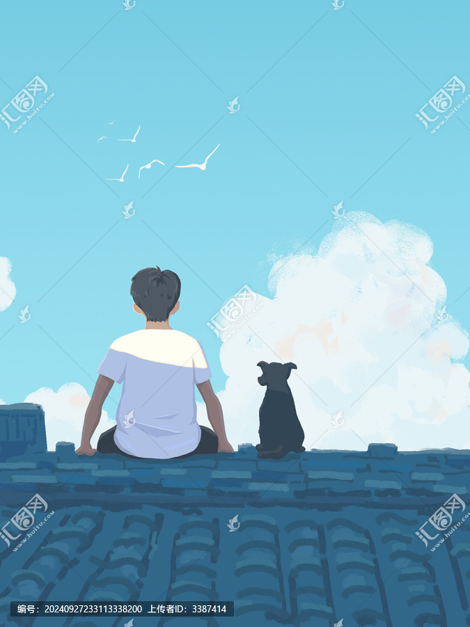 男孩和小狗坐在屋頂插畫
