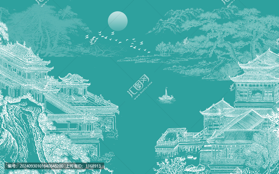 山水樓閣刺繡背景墻
