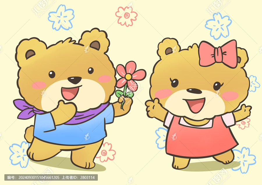 卡通兩只小熊和花朵