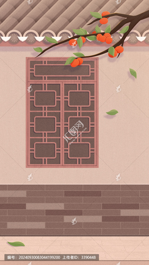 秋天中式建筑庭院和柿子樹背景