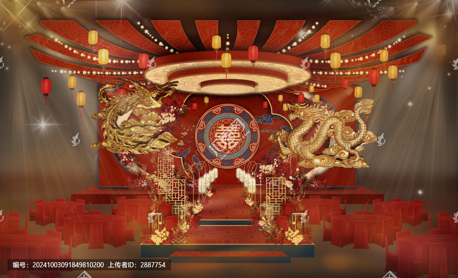 中式紅藍(lán)婚禮效果圖儀式舞臺