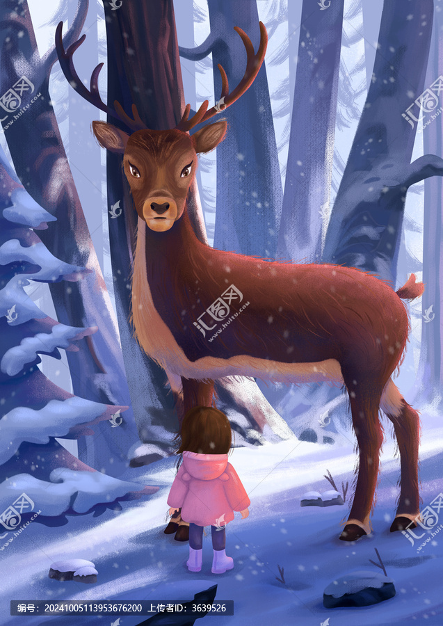 冬天雪地雪景小女孩與馴鹿