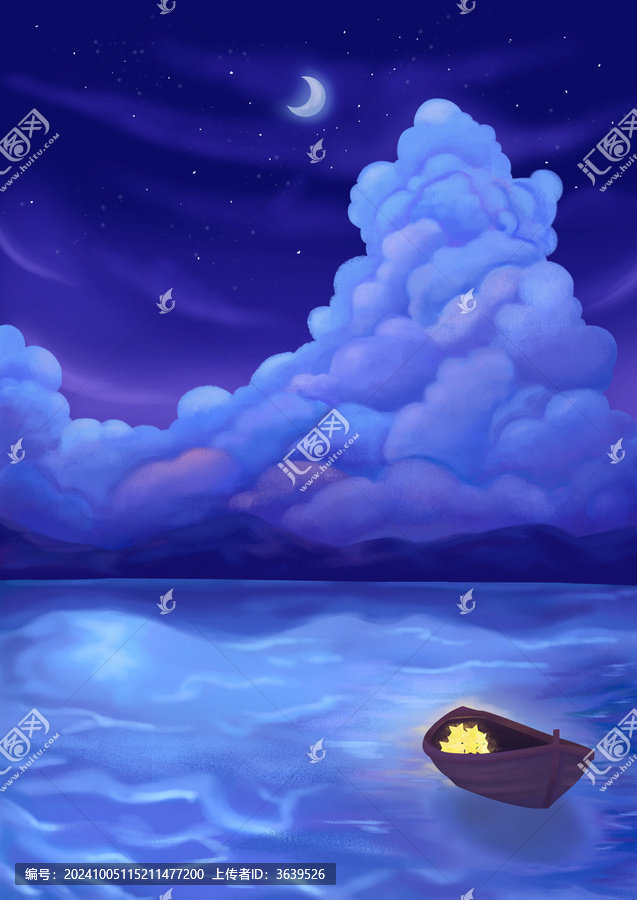 夜空背景小船飄在水面上