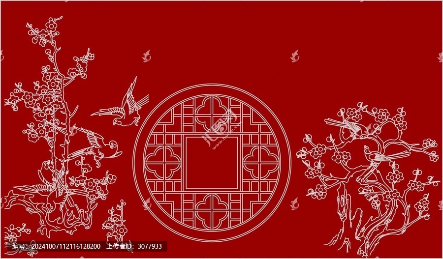 中式漏窗臘梅喜鵲圖
