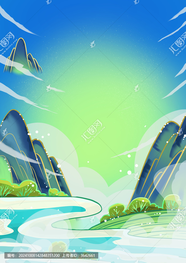 國(guó)潮風(fēng)國(guó)風(fēng)山水建筑春季風(fēng)景場(chǎng)景