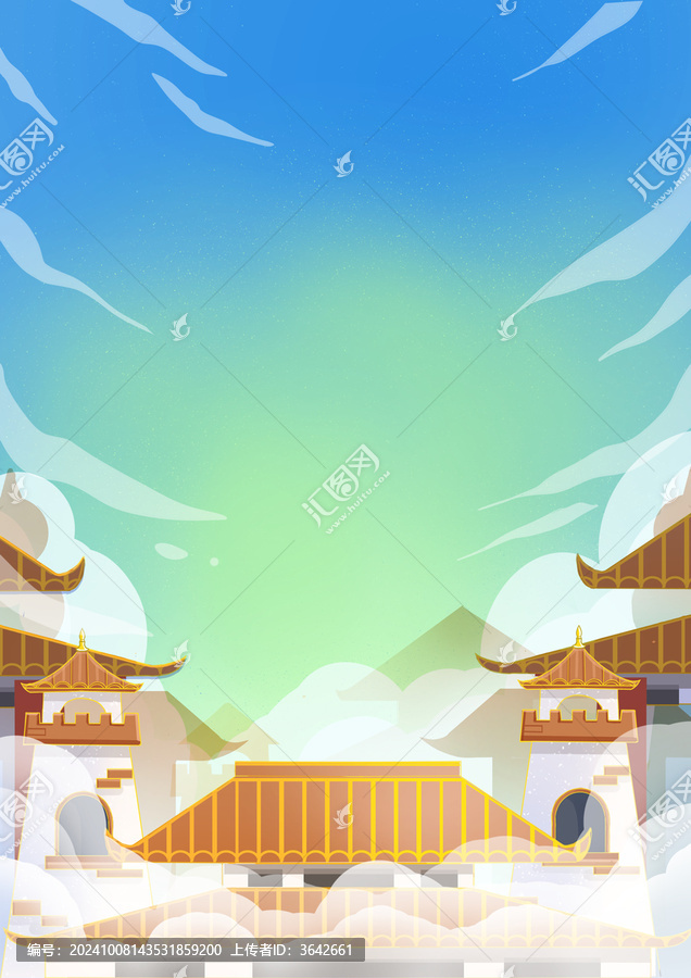 國潮風山水建筑春季古建筑群場景