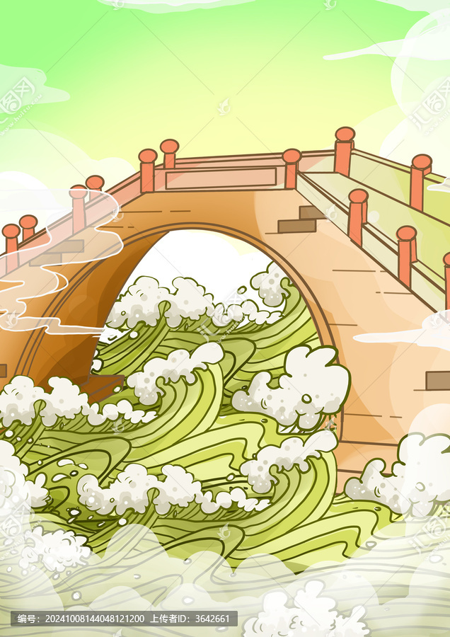 國潮山水建筑夏季橋梁波浪場景