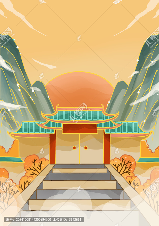 國潮風(fēng)山水建筑秋季廟宇建筑場景