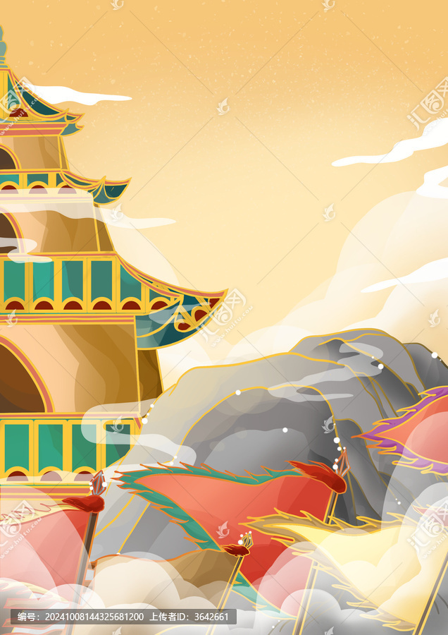 國潮山水建筑秋季塔旗幟沙場場景