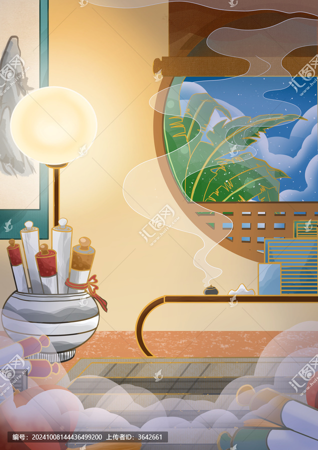 國潮山水建筑秋季書房室內(nèi)場(chǎng)景