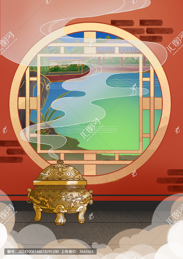 國潮山水建筑冬季香爐室內(nèi)場景