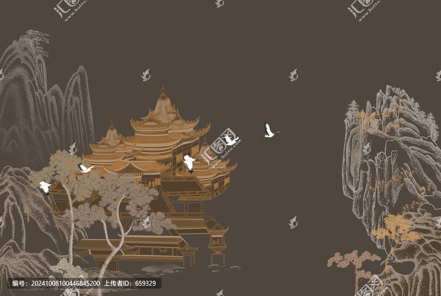 新中式線描山水閣樓