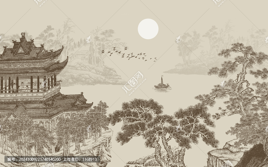 中式山水樓閣背景墻