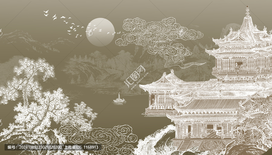 新中式樓閣山水背景壁畫