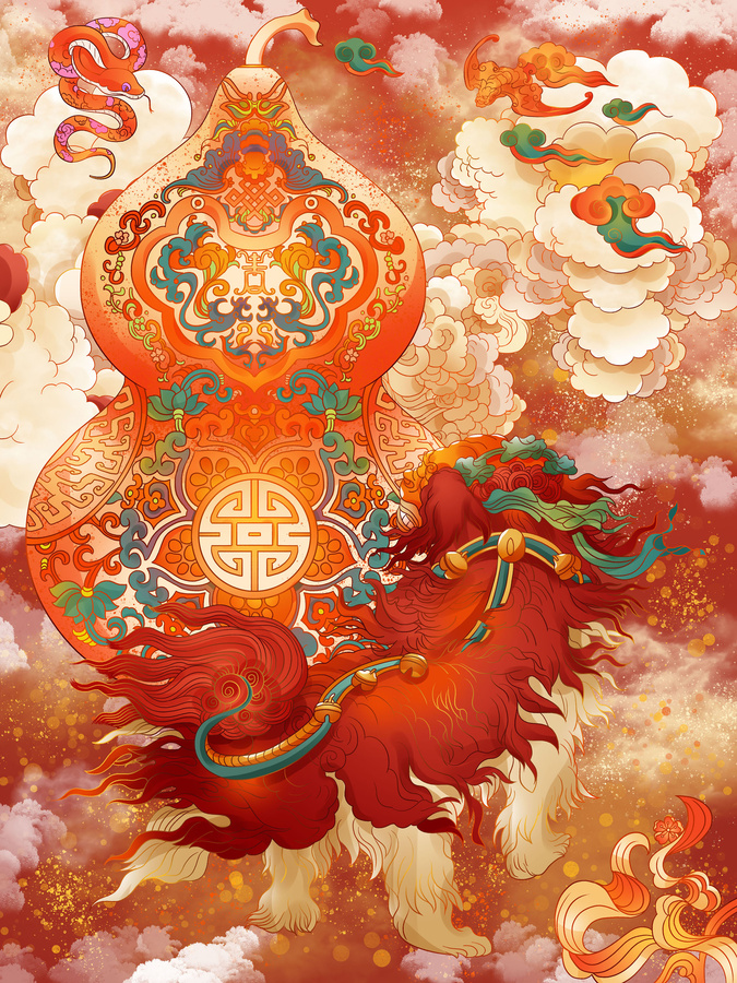 蛇年葫蘆舞獅喜慶祝福主題插畫