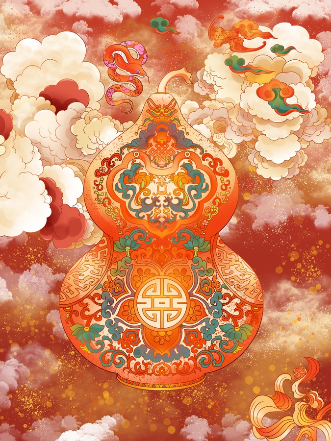 蛇年葫蘆福祿新年喜慶主題插畫