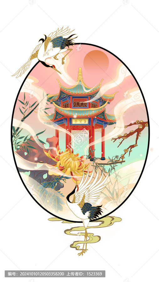 集賢亭仙鶴國潮插畫