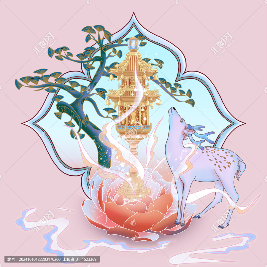 呦呦鹿鳴宮燈牡丹松樹
